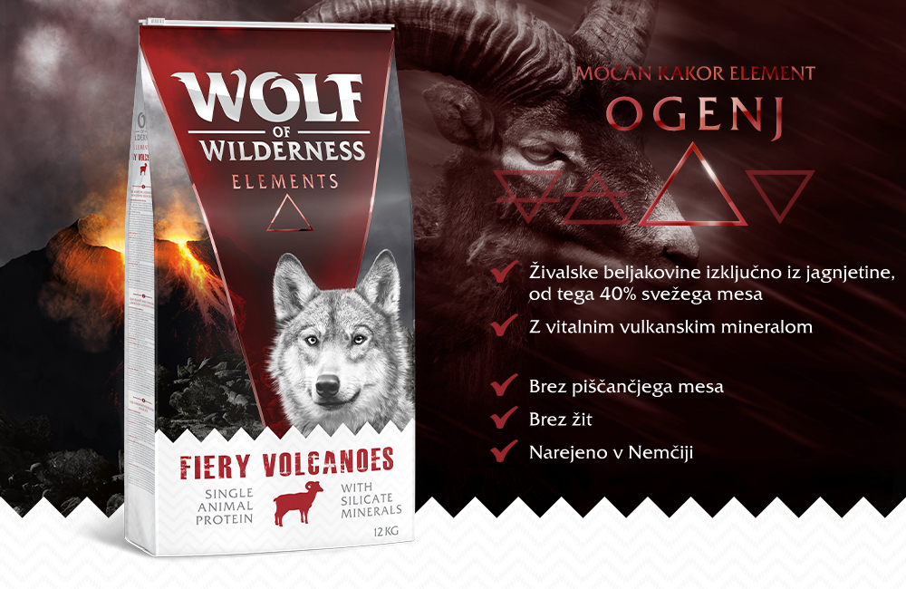 Wolf of Wilderness Elements Fiery Volcanoes, 12 kg. Živalske beljakovine izključno iz jagnjetine, 40 % svežega mesa, z vulkanskim mineralom, brez piščančjega mesa in žit, narejeno v Nemčiji.