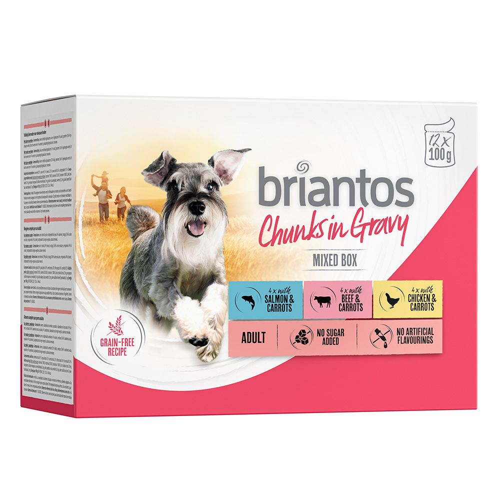 12x 100g Chunks in Gravy Mixed (Huhn, Rind & Lachs) Briantos Hundefutter nass
