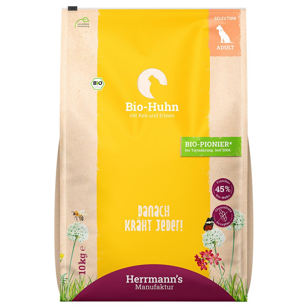 10kg Bio-Huhn mit Bio-Reis & Bio-Erbsen Herrmann's Hundefutter trocken