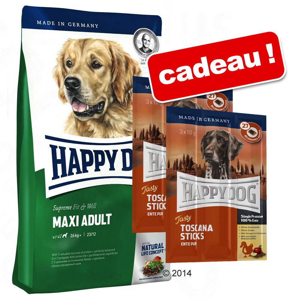 Happy Dog Supreme 10 à 15 kg + Happy Dog bâtonnets Tasty Toscane ! - Sensible Caraïbes (12,5 kg)
