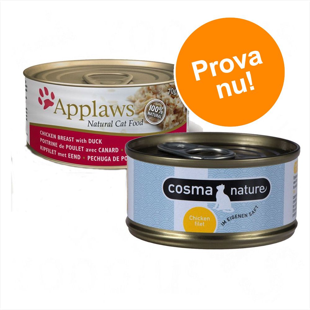 Blandat sparpack: 24 x 70 g Applaws våtfoder i buljong + 6 x 70 g Cosma Nature! – Tonfiskfilé & räkor + Cosma Nature provpack