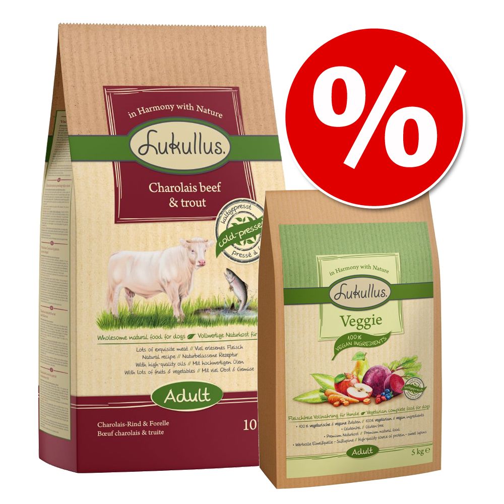 15 kg Lukullus Trockenfutter: 10 kg + 5 kg Veggie (kaltgepresst) - Adult Charolais-Rind & Forelle
