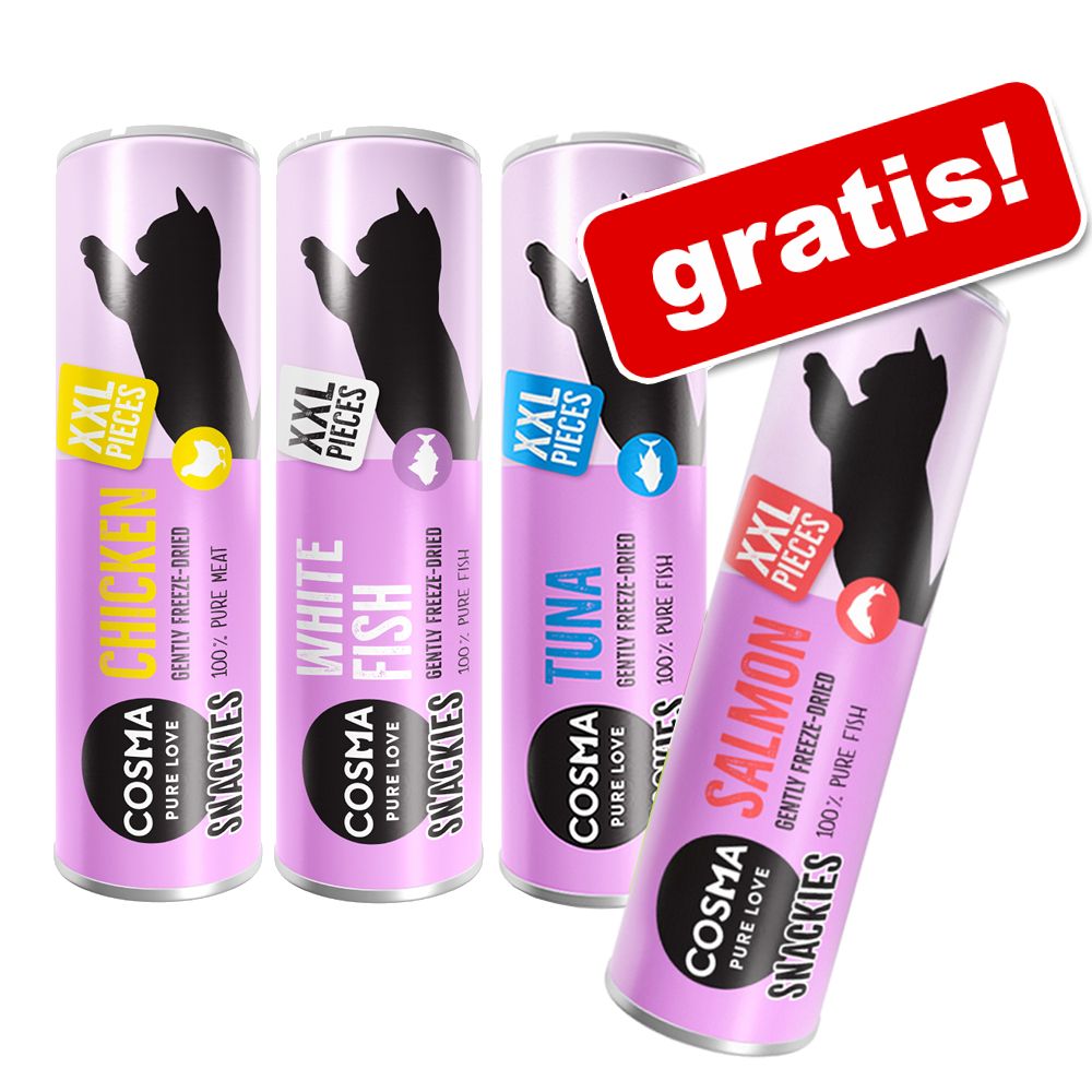 Jetzt testen: Cosma snackies XXL St�ckchen Probiermix + neue Sorte Lachs gratis! - 73 g (H�hnchen, Thunfisch, Wei�fisch) + 22 g Lachs gratis