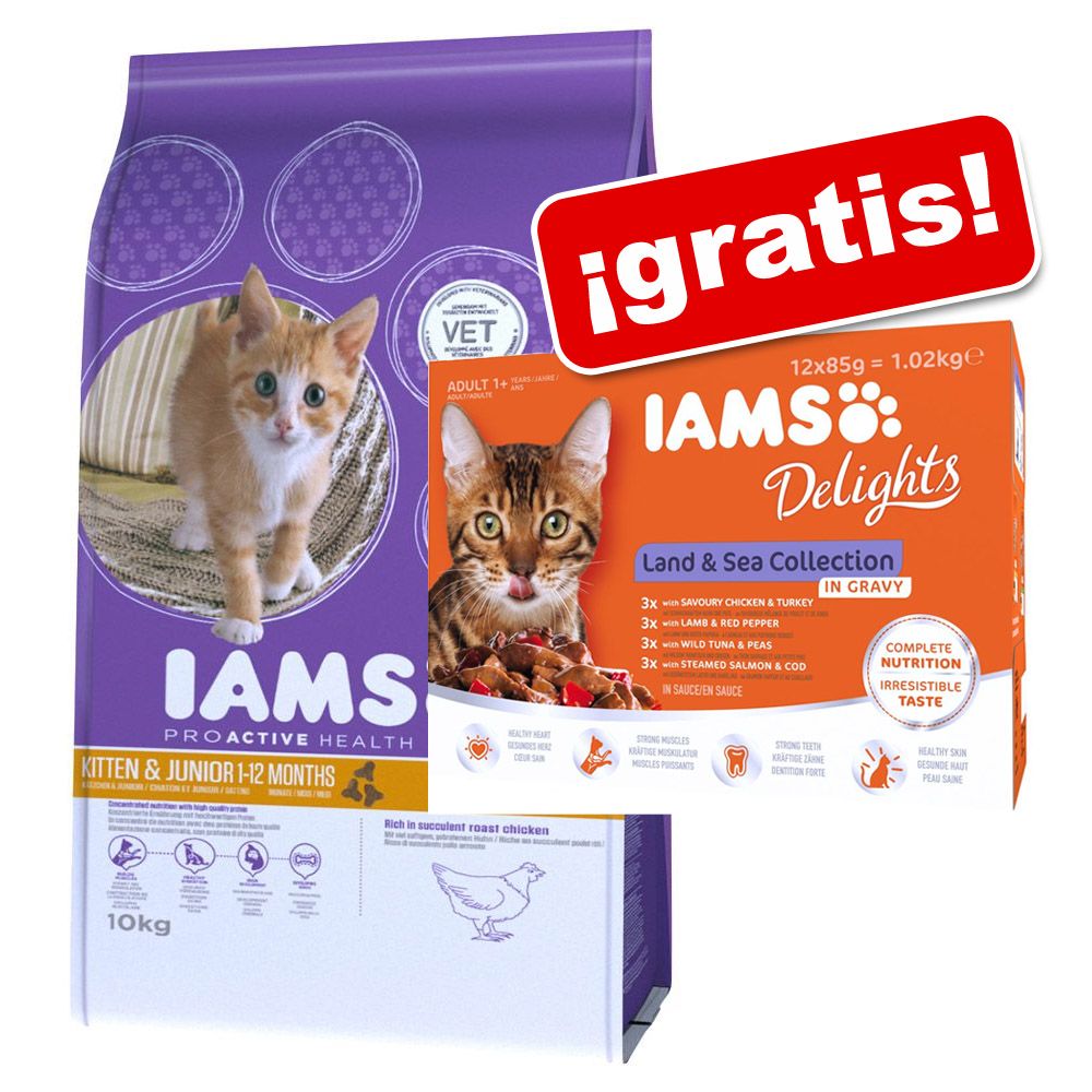 Image of Iams 10 a 15 kg + 12 x 85 g sobres IAMS Delights Adult en salsa ¡gratis! - Adult con pollo (10 kg) 08710255125954