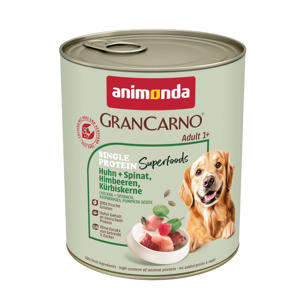 24x 800g animonda GranCarno Adult Superfoods Huhn + Spinat, Himbeeren, Kürbiskerne Hundefutter nass