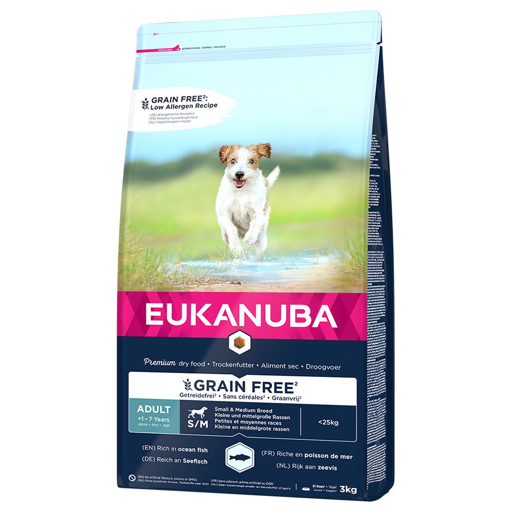 Eukanuba Grain Free Adult raças pequenas e médias com salmão  - Pack económico: 2 x 12 kg