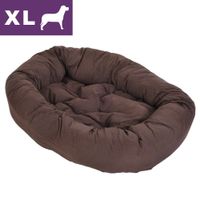 Brun, oval hundbädd i tyg. Uppe till vänster syns en lila ruta med texten XL och en siluett av en hund.