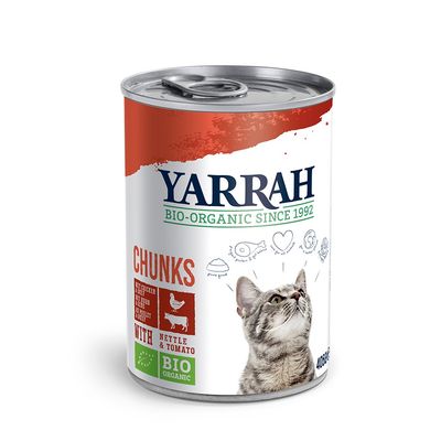 Yarrah Biologisch Kattenvoer Chunks 405G Kip Rund Met Brandnetel Tomaat yarrah kopen in de aanbieding