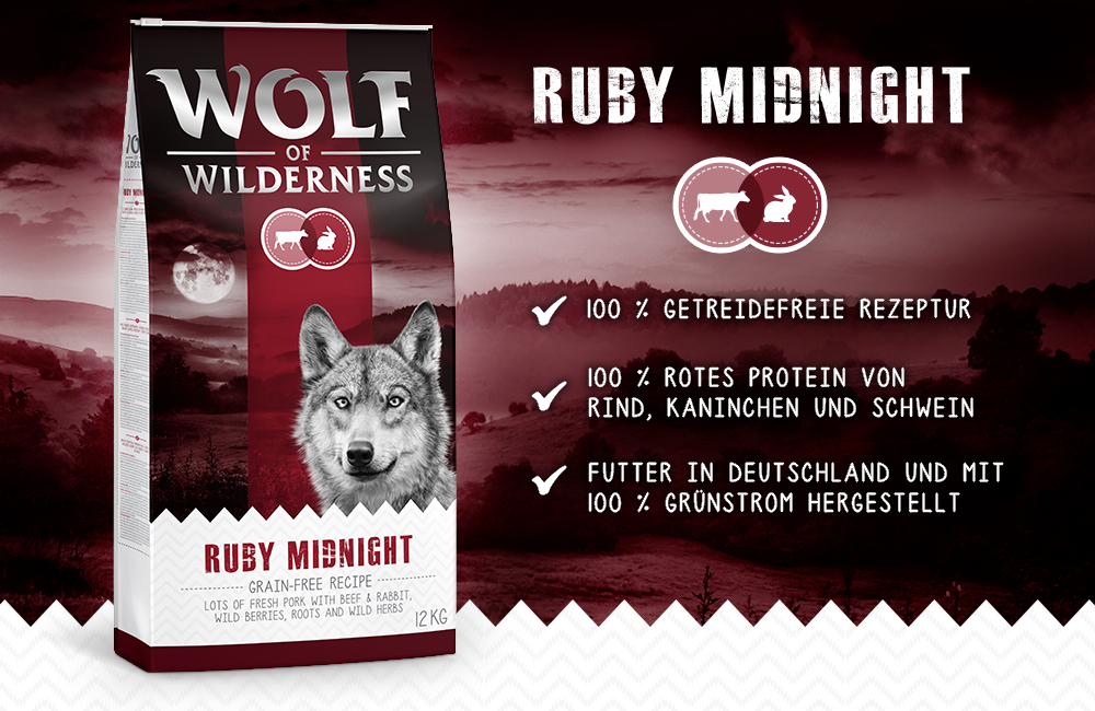 Wolf of Wilderness Ruby Midnight. 100 % зерновая-free рецептура, 100 % красный белок из говядины, кролика и свинины. Корм произведён в Германии с использованием 100 % зелёной энергии.