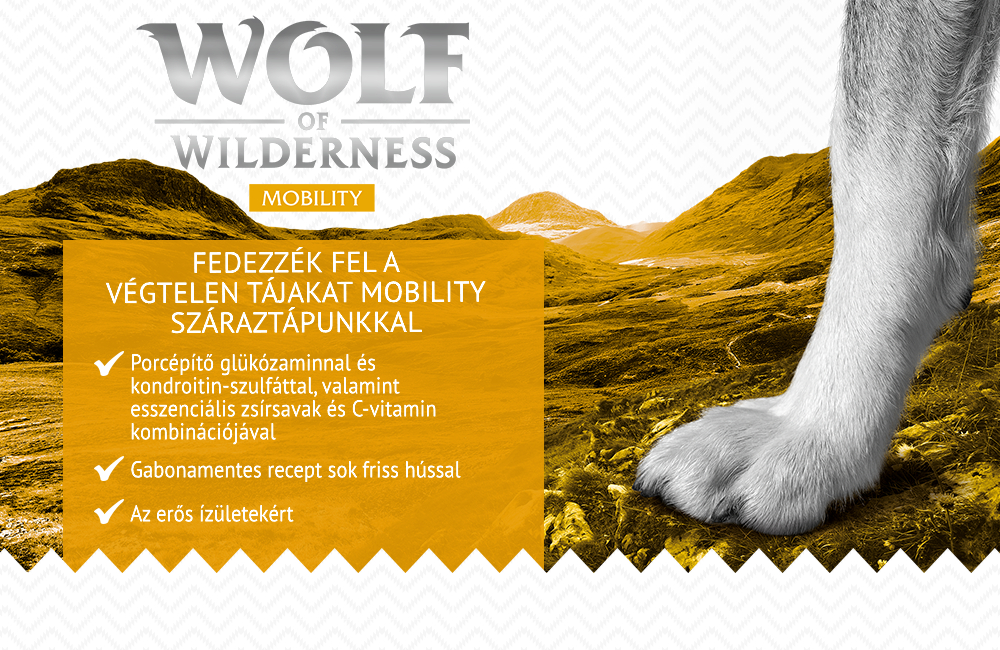 Wolf of Wilderness Mobility. Fedezzék fel a végtelen tájakat Mobility száraztápunkkal. Porcépítő glükózaminnal, gabonamentes recept, erős ízületekért. Sok friss hús.