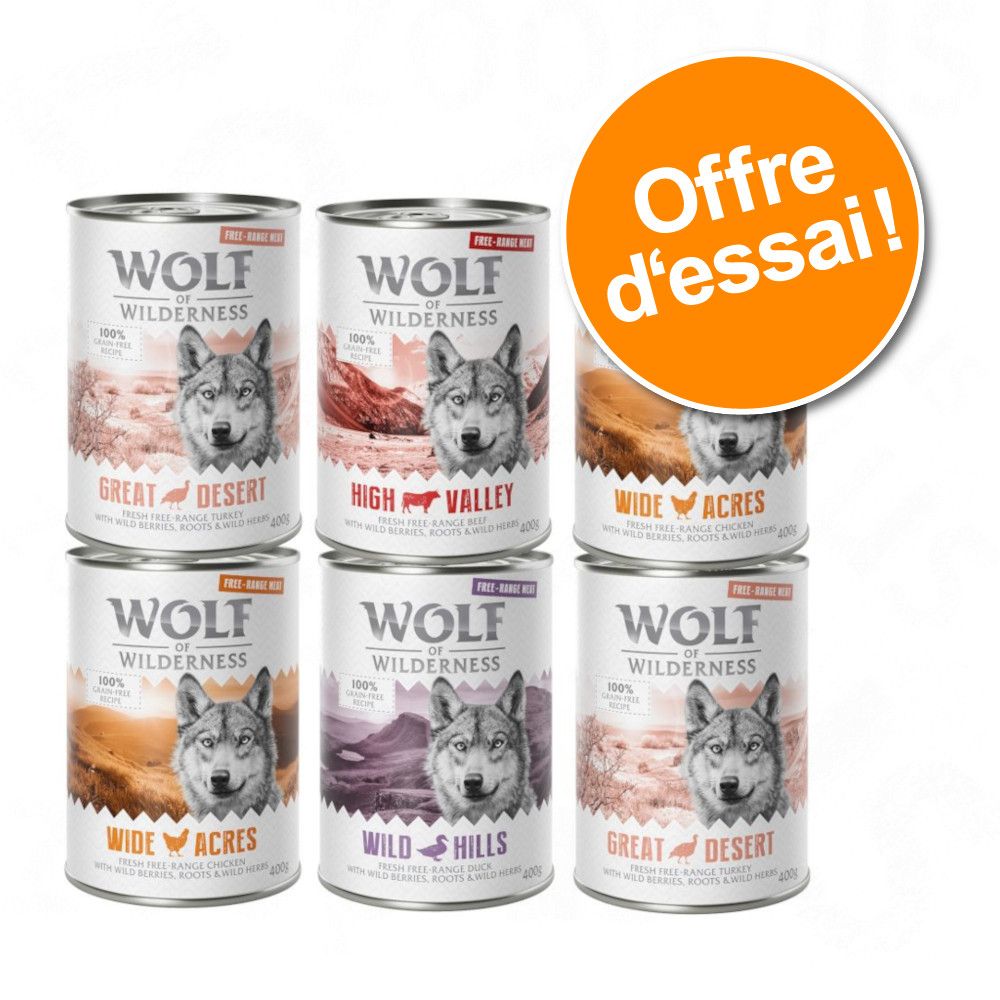 Offre découverte lot mixte Wolf of Wilderness Adult Free Range : 15 % de remise ! - 6 x 400 g