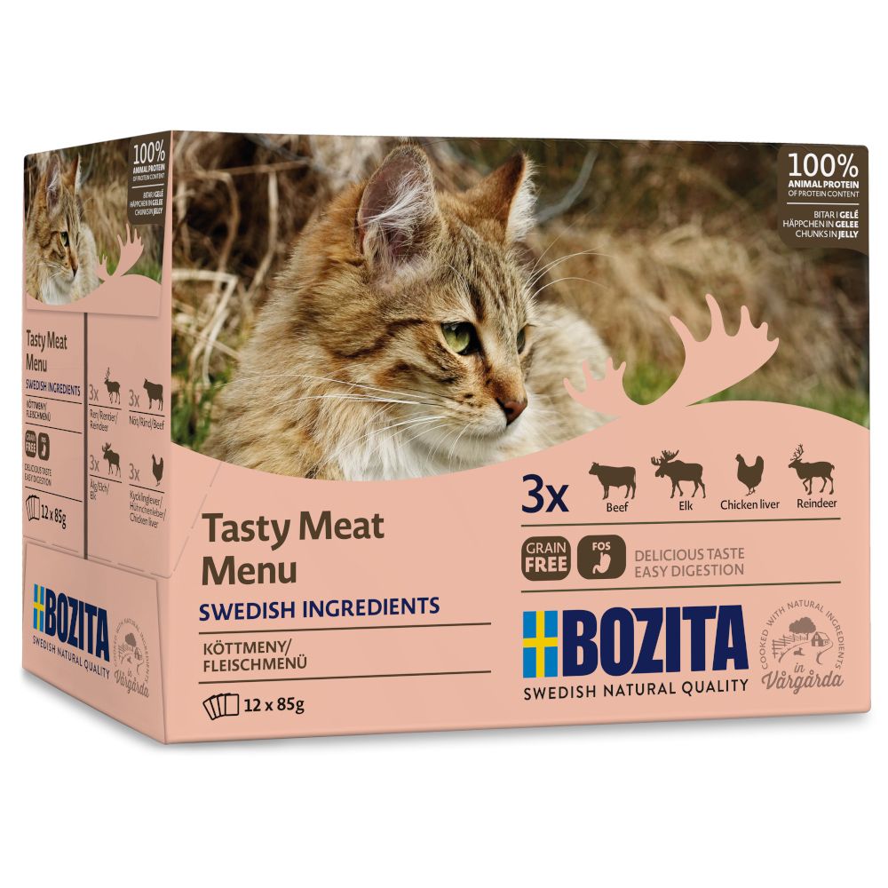 12 x 85 g Bozita Häppchen in Gelee Pouch Rentier Nassfutter Katze
