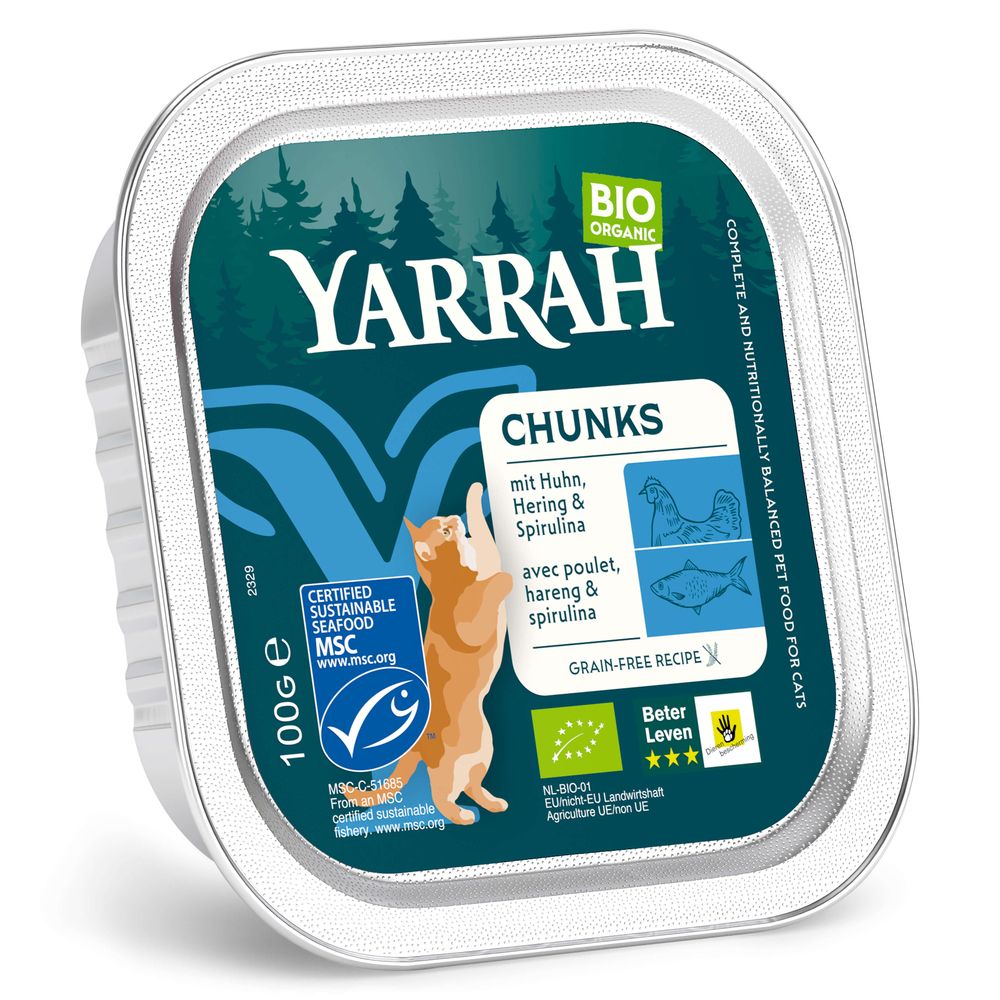 6 x 100 g Bio Bröckchen in Soße, Bio Huhn & Bio Truthahn Yarrah Katzenfutter nass