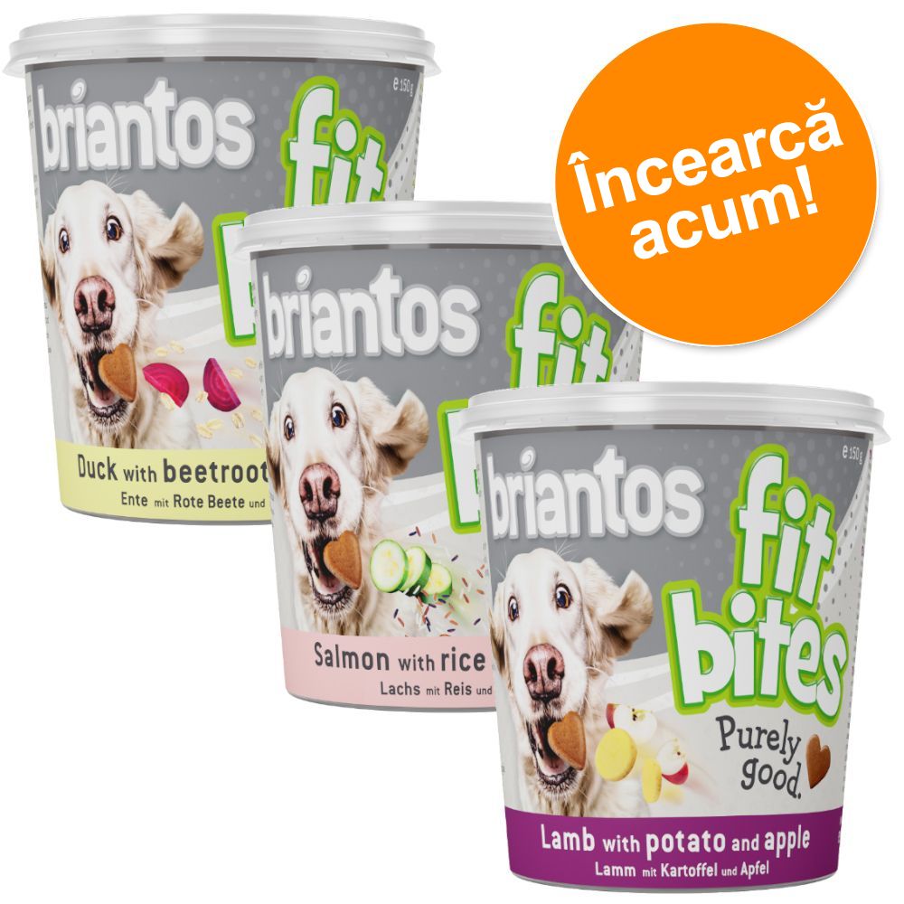 3 x 150g Briantos FitBites Pachet de testare Snackuri câini - Mix: Miel, Rață, Somon