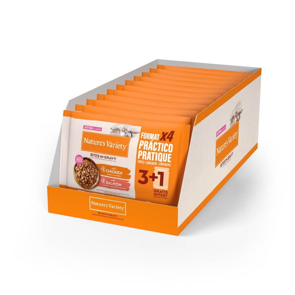 44x70g mit Huhn und Lachs Nature's Variety Kitten Bites in Soße Katzenfutter nass