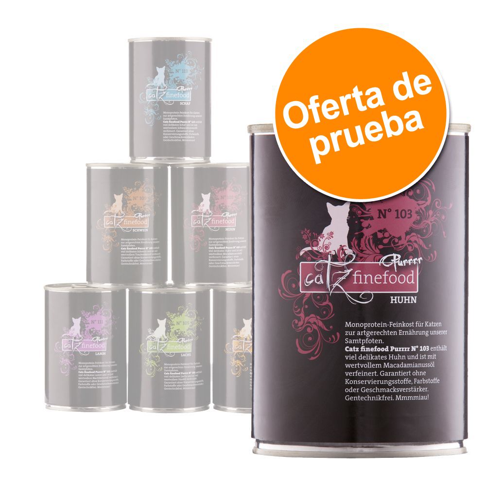 Image of Pack de prueba: Catz Finefood Purrrr en latas 6 x 400 / 375 g - Pollo, salmón, canguro, oveja, cordero y cerdo 04260379440678