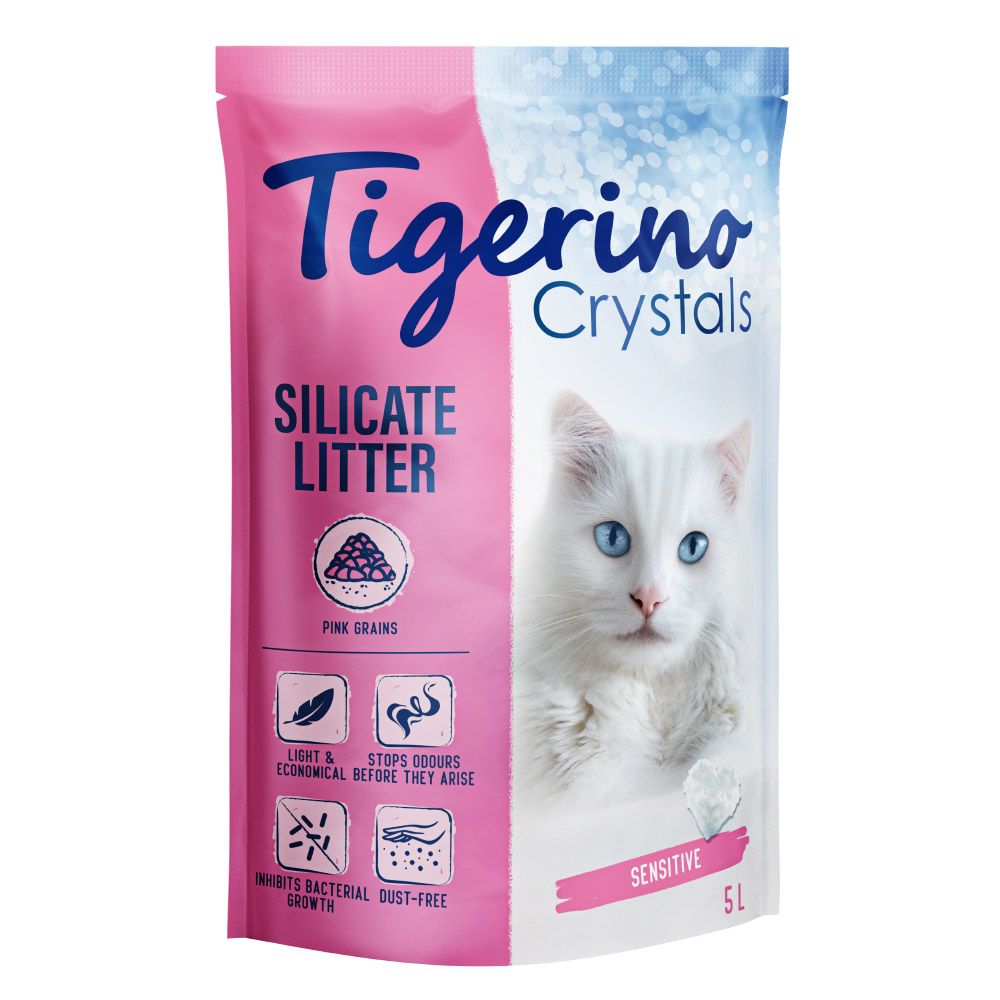 3x 5l Tigerino Crystals bunte Katzenstreu - Sensitive, parfümfrei pink + 12 kg Tigerino Premium Katzenstreu – Babypuderduft