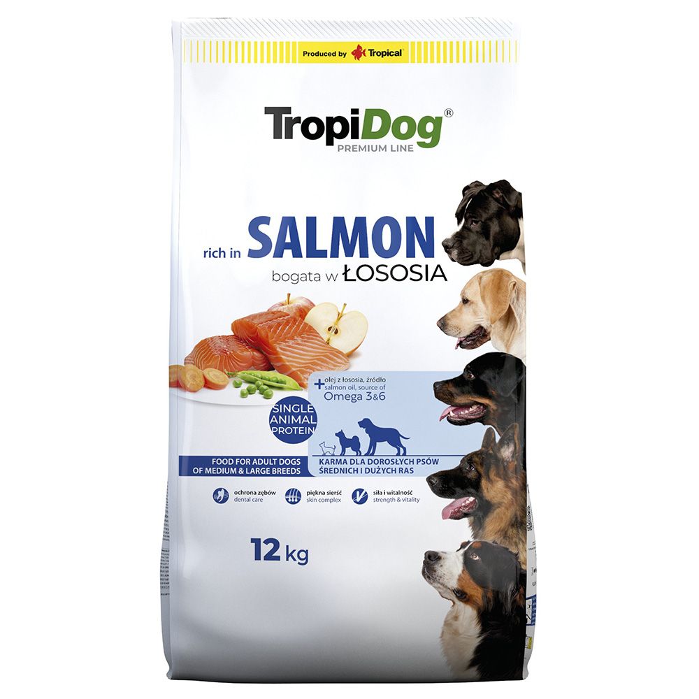 2x 12kg Premium Adult Medium & Large Lachs Tropidog Hundefutter trocken