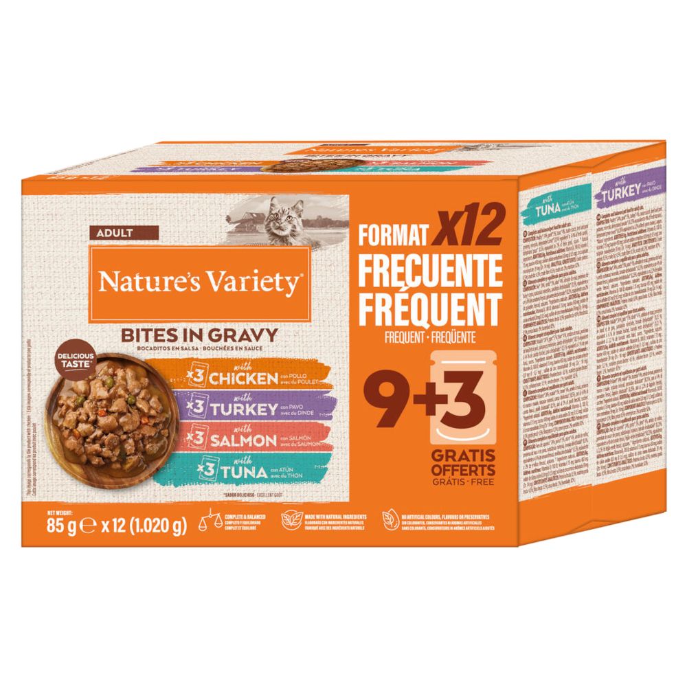 12x 85g Bites in Soße Adult (4 Sorten) Nature's Variety Katzenfutter nass