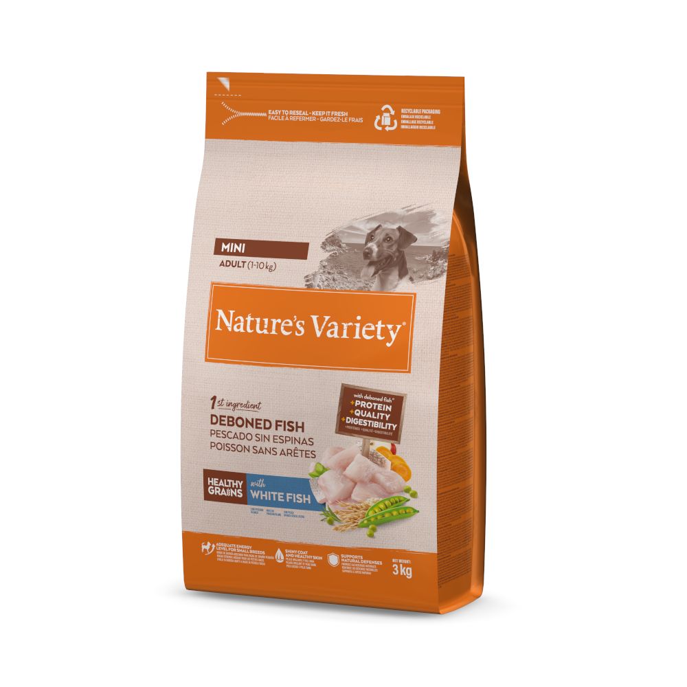 3kg Nature's Variety Healthy Grains Mini Adult Weißfisch Hundefutter trocken