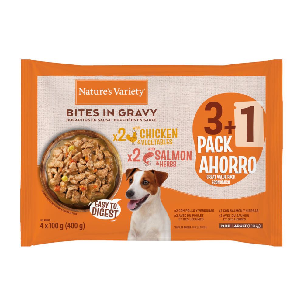 4x100g Nature's Variety Bites in Soße Mini Adult Huhn & Lachs Hundefutter nass