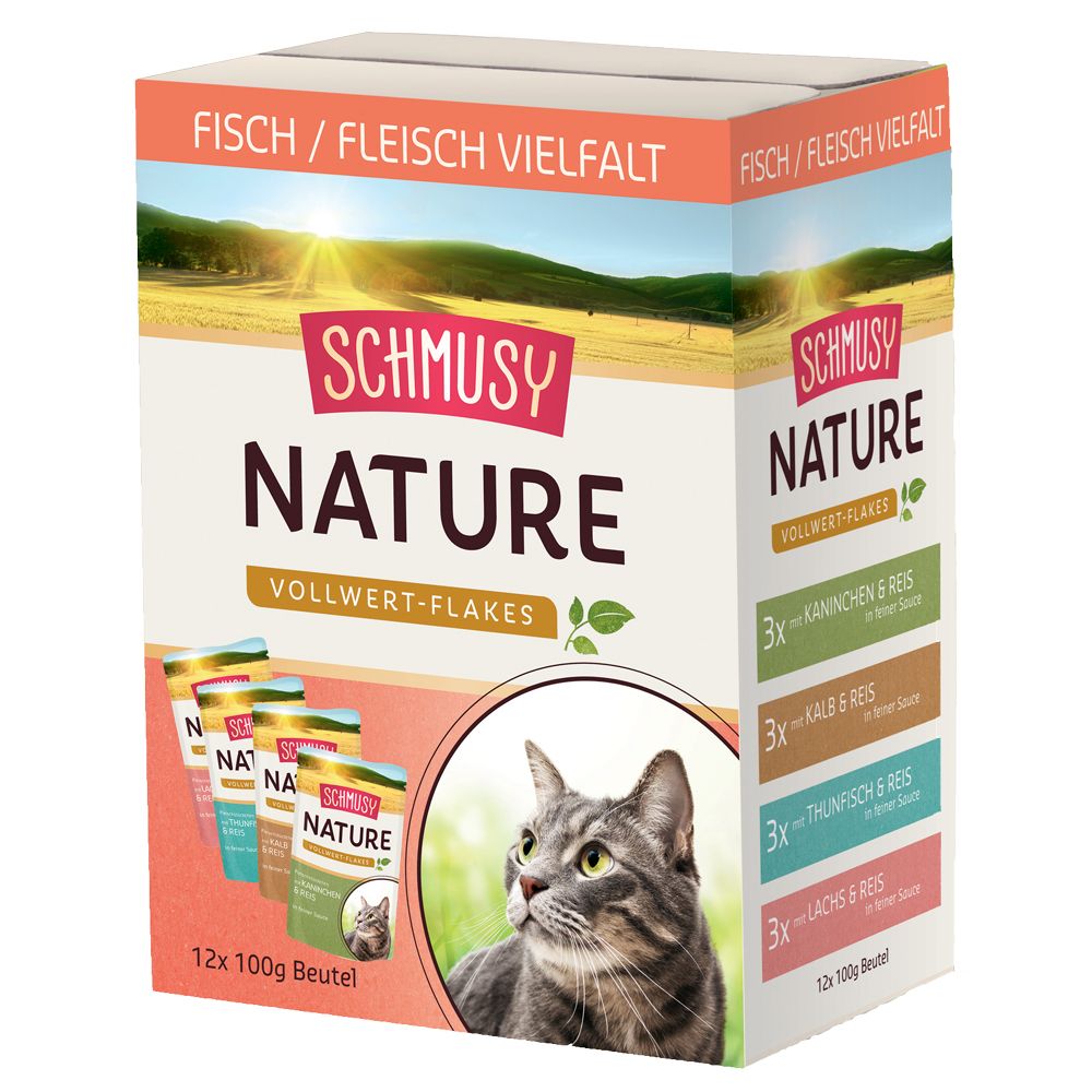 Schmusy Pachet de testare Nature Fulgi integrali 12 x 100 g - Varietate cu pește / carne