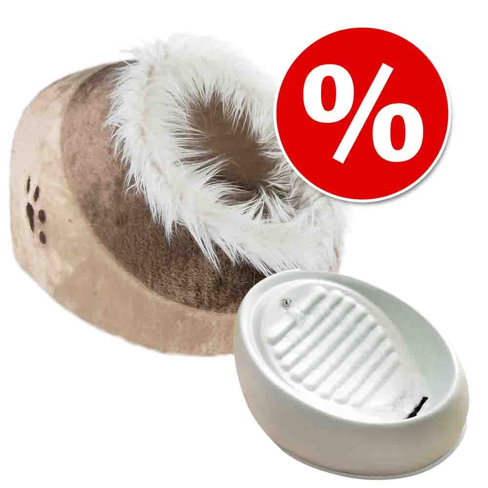 Image of Bebedero Lucky Kitty + Cueva Minou Trixie marrón ¡con gran descuento! - Fuente 1,5 l, color blanco + cueva Minou marrón 04260168080016