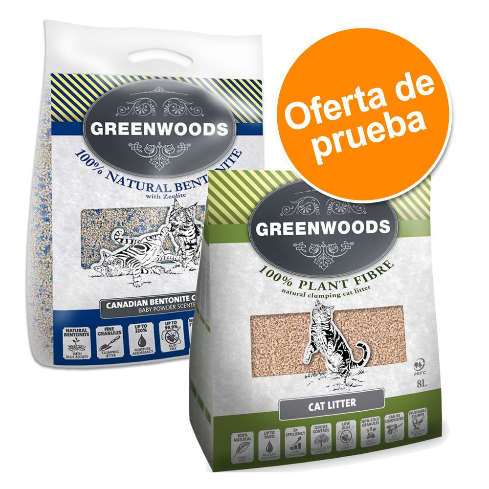 Image of Arena Greenwoods vegetal y bentonita en tamaño de prueba - Pack mixto: 1 x 8 vegetal + 1 x 6 kg bentonita 04260358511023