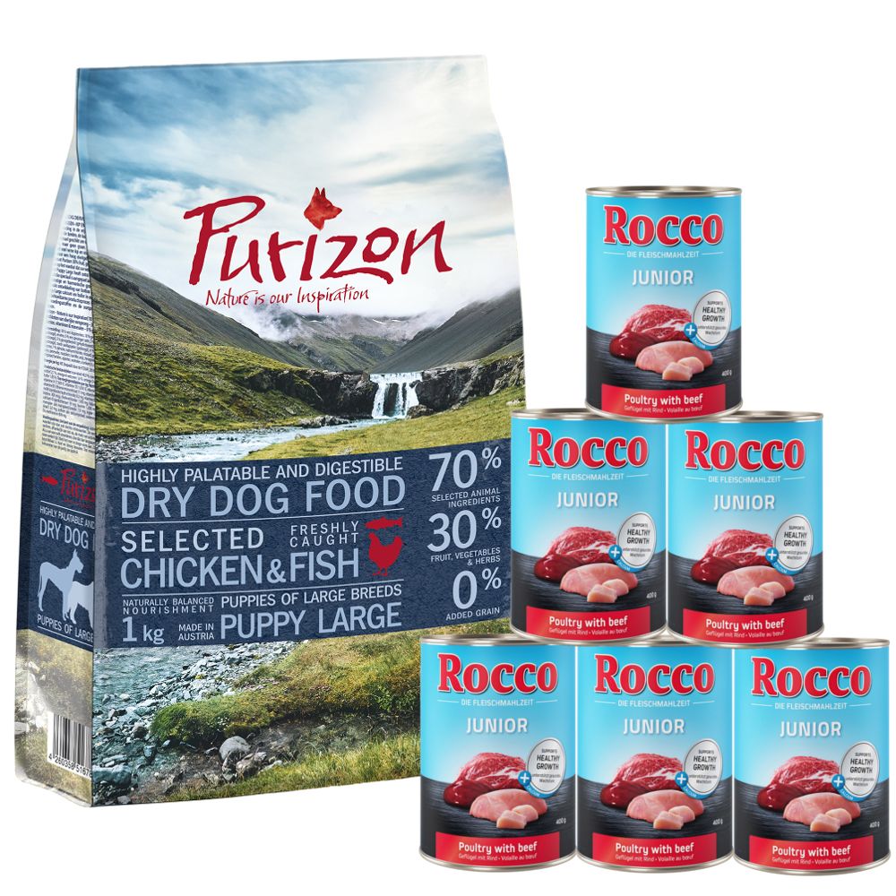 Probierset: 1 kg Purizon Puppy - getreidefrei 6 x 400 g Rocco Junior - Puppy 1 kg & Rocco Junior 6 x 400 g