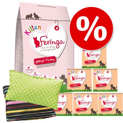 Image of Feringa Kitten pack de iniciación + almohaditas - 2 kg pienso + 6 x 200 g latas kitten pollo y ternera y kitten pavo 04260077049395