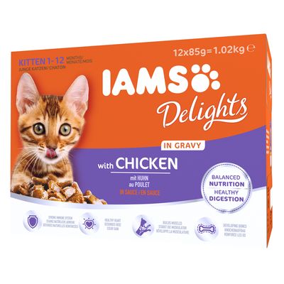 12 X 85 G Delights Kitten In Saus Kip Iams Kattenvoer iams kopen in de aanbieding