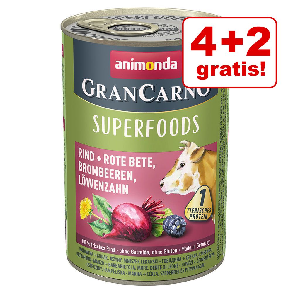 4 + 2 på köpet! 6 x 400 g Animonda GranCarno Adult Superfoods – Blandpack 3 sorter