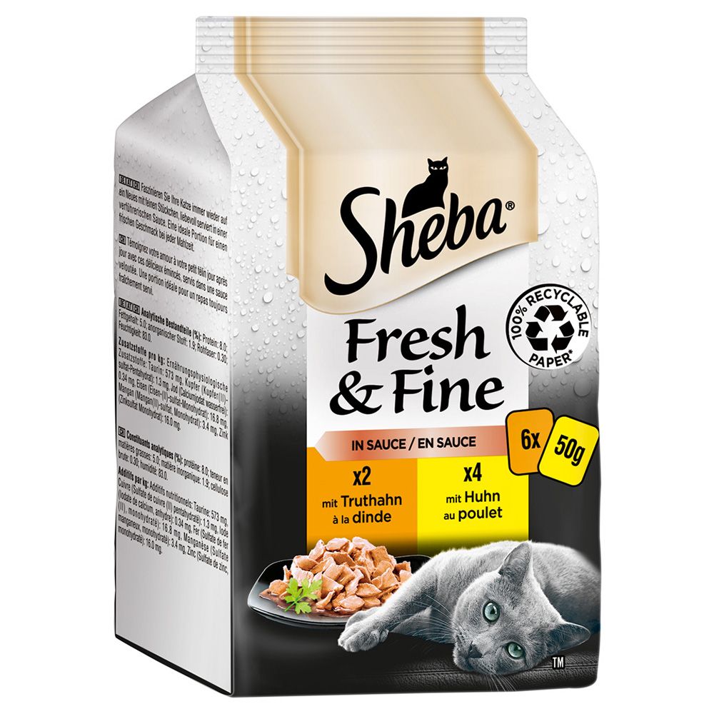 Sparpaket Sheba Fresh & Fine Frischebeutel 72 x 50 g.- Lachs, Thunfisch & Forelle in Sauce