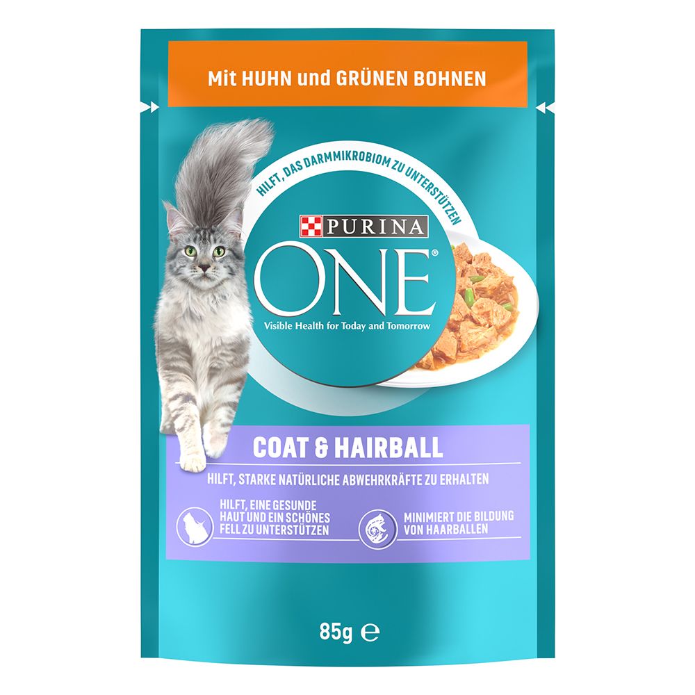 26x 85g Coat & Hairball mit Huhn & grünen Bohnen PURINA ONE Katzenfutter nass
