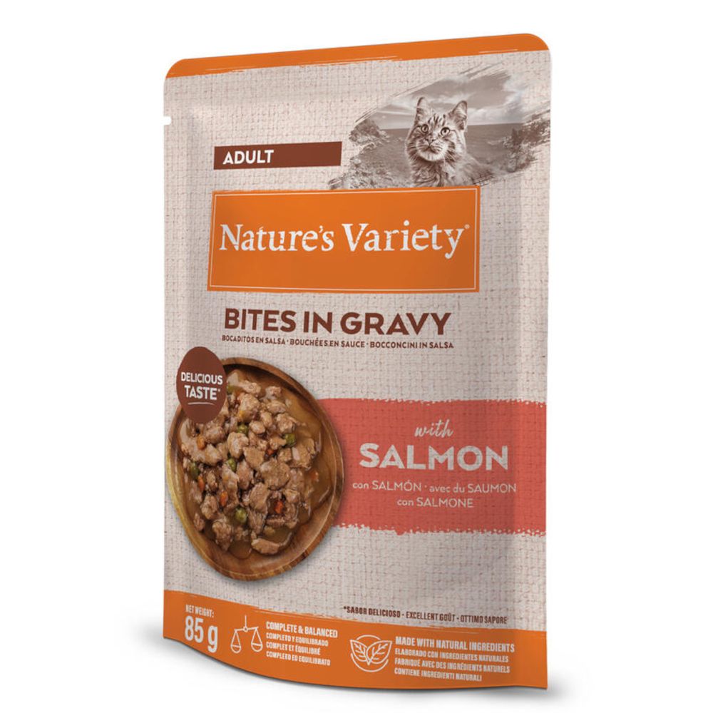 22x 85g Variety Bites in Soße Adult mit Lachs Nature's Katzenfutter nass