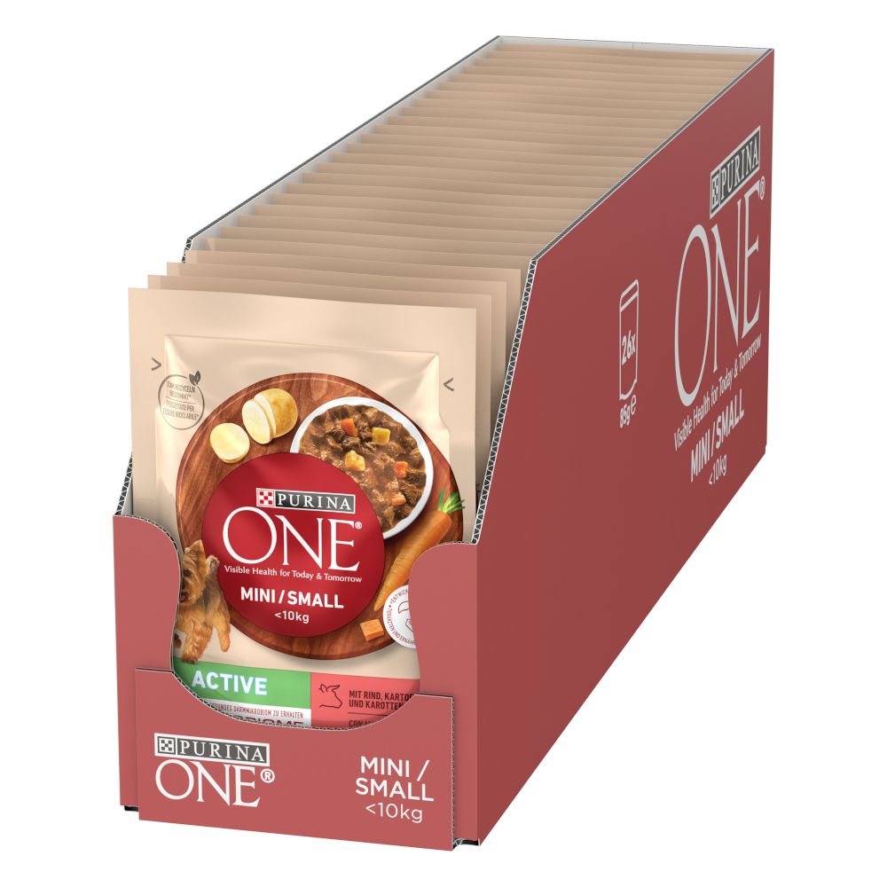 26x85g Purina ONE Mini Active Rind & Karotten Hundefutter nass