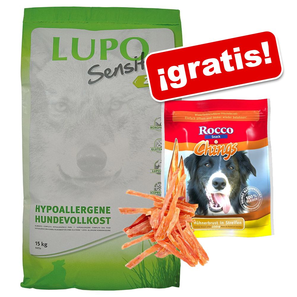 Image of Luposan 15 kg + Rocco Chings tiras de pechuga de pollo 250 g ¡gratis! - Natural con pollo suizo 04032314012208