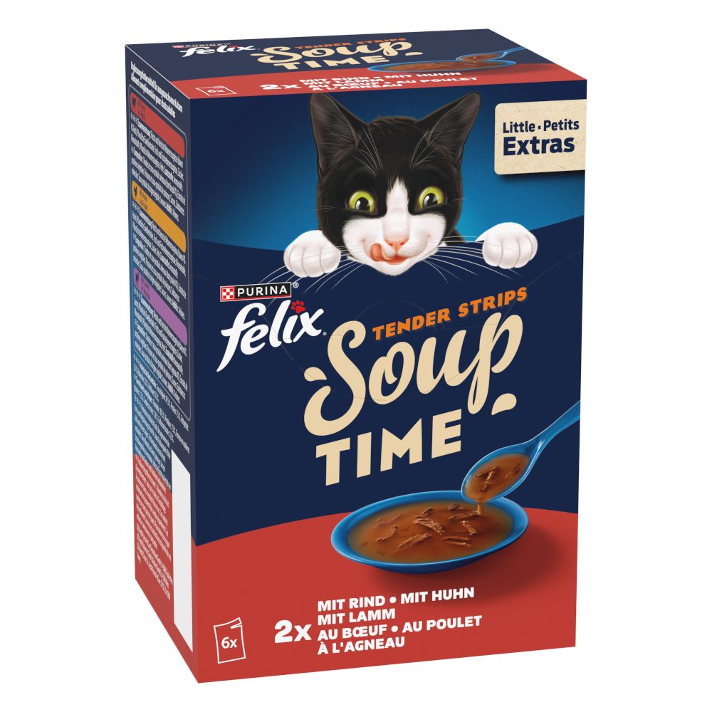 6x 48g Soup Time Tender Strips Geschmacksvielfalt aus dem Wasser Felix Katzenfutter nass