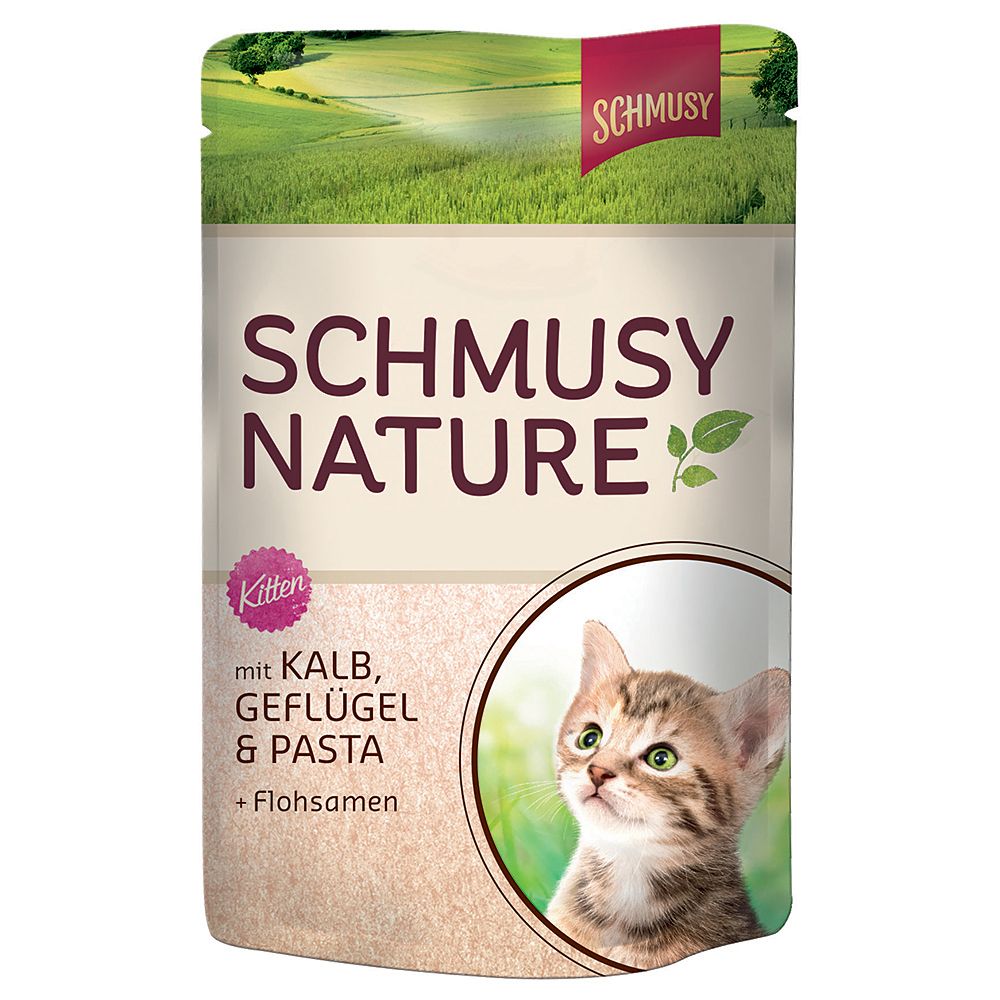 Schmusy Nature Kitten: Kalb, Geflgel, Pasta & Flohsamen - 12 x 100 g