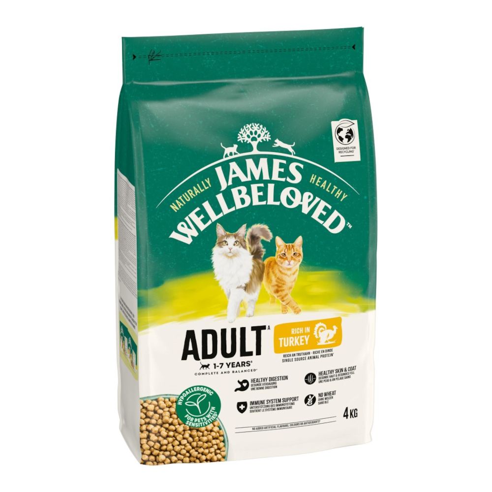 3x 4kg James Wellbeloved Adult Cat Hypoallergenic Truthahn & Reis Katzenfutter trocken