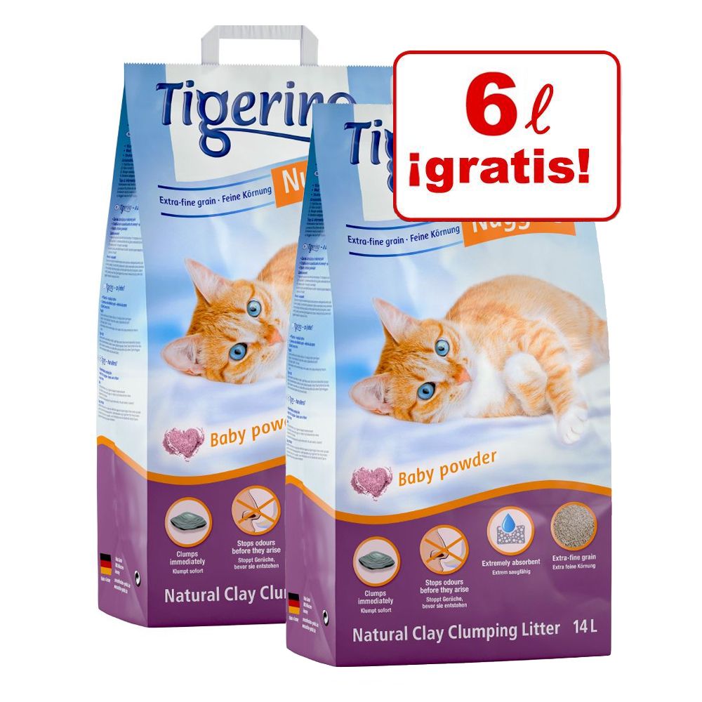 Image of Tigerino Nuggies 2 x 14 l arena aglomerante en oferta: 22 + 6 litros ¡gratis! - Tigerino Nuggies con olor a talco 2 x 14 l 04260358514307