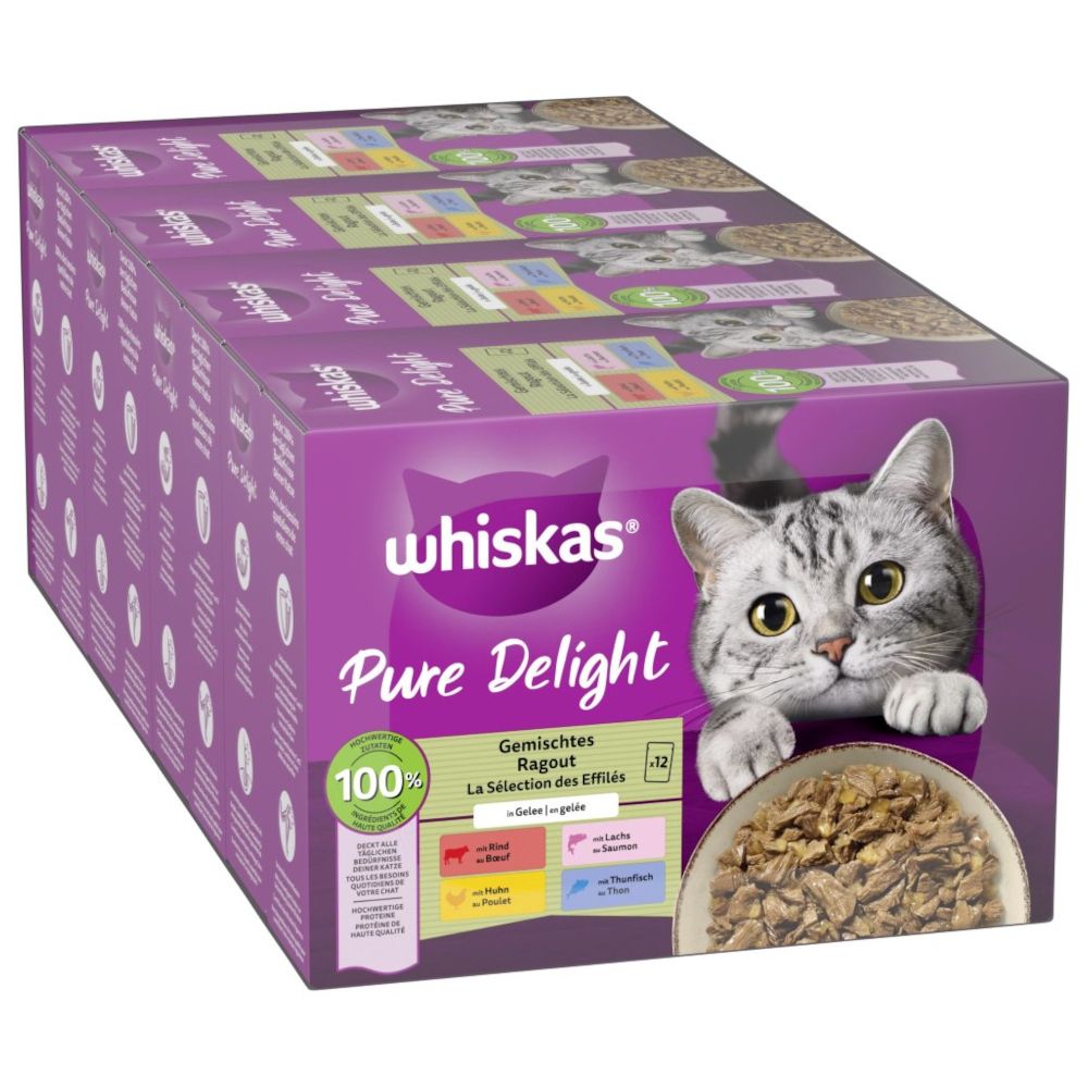 96x 85g Pure Delight Jumbopack Whiskas Portionsbeutel Gemischtes Ragout in Gelee Katzenfutter nass