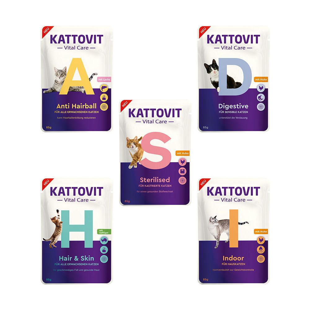 Sparpaket: 100x85g Kattovit Vital Care Probierpaket (5 Sorten) Katzenfutter nass
