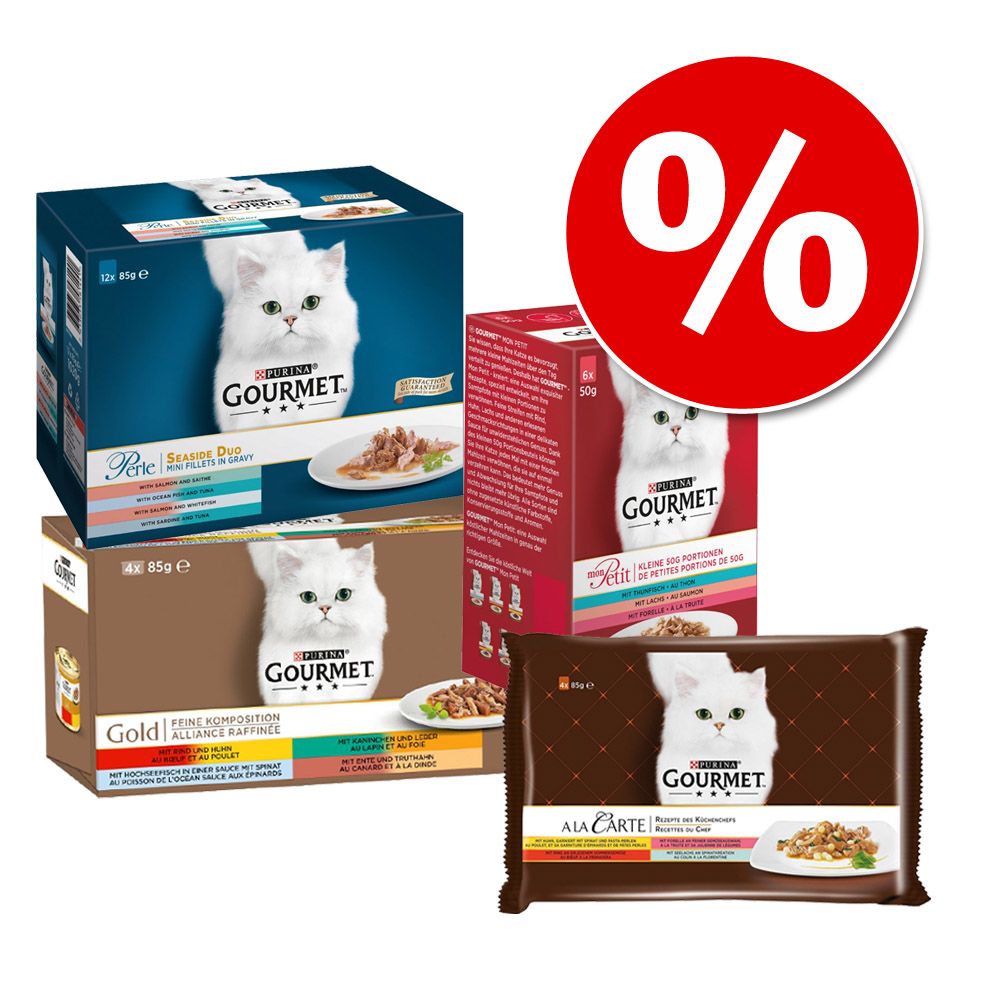 Image of Lote mixto: 4 variedades de Gourmet para gatos - A la Carte, Gold Bocaditos en Salsa, Perle y Mon Petit 07613033581441