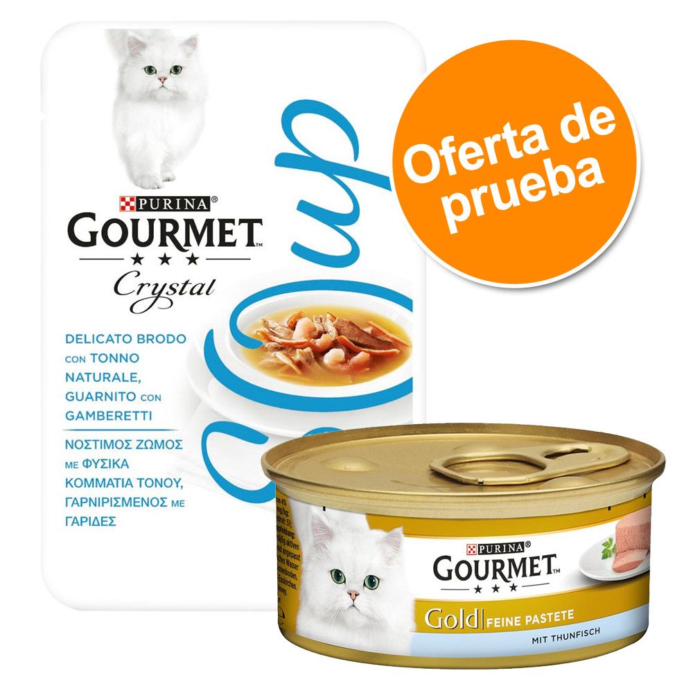Image of Gourmet Gold Mousse y Soup con atún y gambas - Lote mixto de prueba - Mousse Pollo (12 x 85 g) + Soup atún y gambas (4 x 40 g) 07613032977085