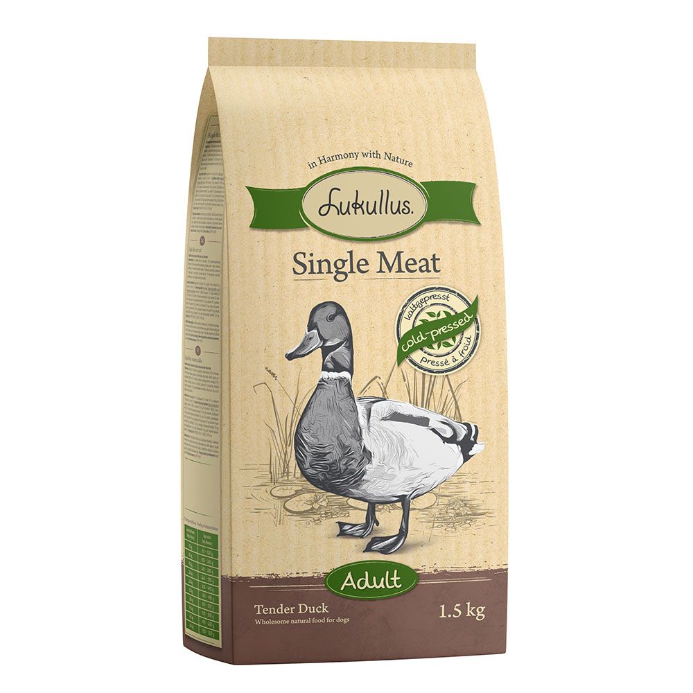 4x1,5kg kaltgepresstes Hundefutter trocken Single Meat Ente Lukullus