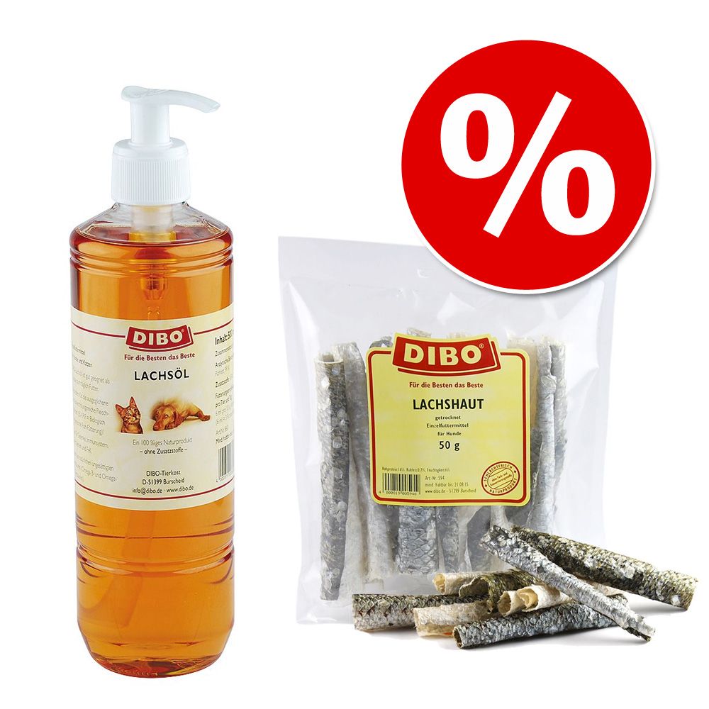 Image of Pack mixto Dibo: aceite de salmón + snacks de salmón - Aceite de salmón Dibo 500 ml + Dibo piel de salmón 50 g 04000819008606