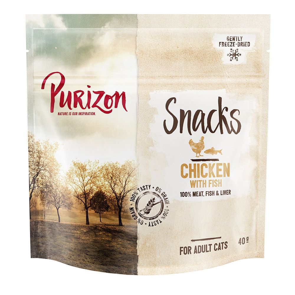 Purizon getreidefrei Kombi-Paket: 6,5 kg Trockenfutter + 3 x 40 g Snack.- Sterilised Adult Huhn & Fisch + Huhn mit Fisch