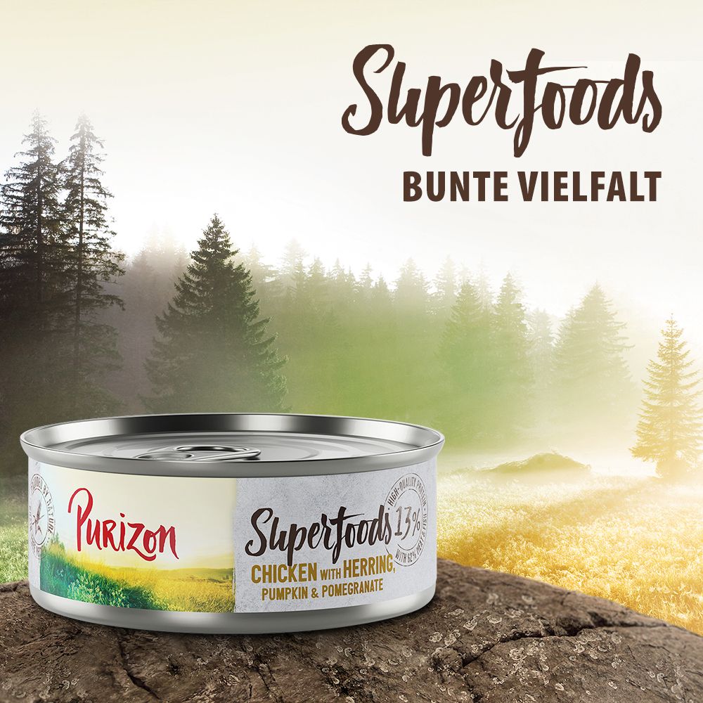 12x 70g Superfoods Huhn mit Hering, Kürbis und Granatapfel Purizon Katzenfutter nass