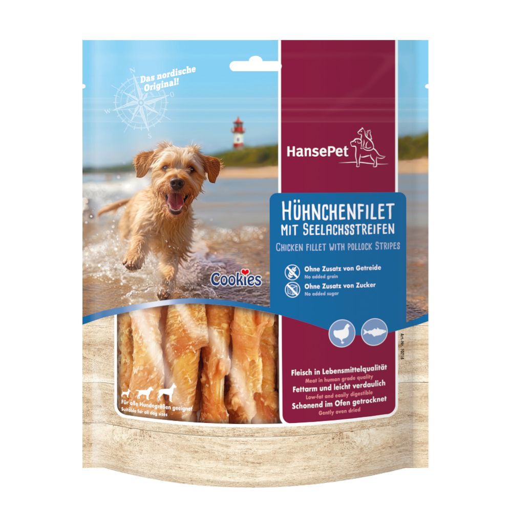 3 x 200g Delikatess Hühnchen-Seelachsroulade Cookies Hundesnack